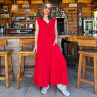 Vestido largo de linoto rojo con escote en V con vuelos y bolsillo lateral