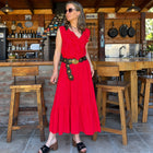 Vestido largo de linoto rojo con escote en V con vuelos y bolsillo lateral – vista 2